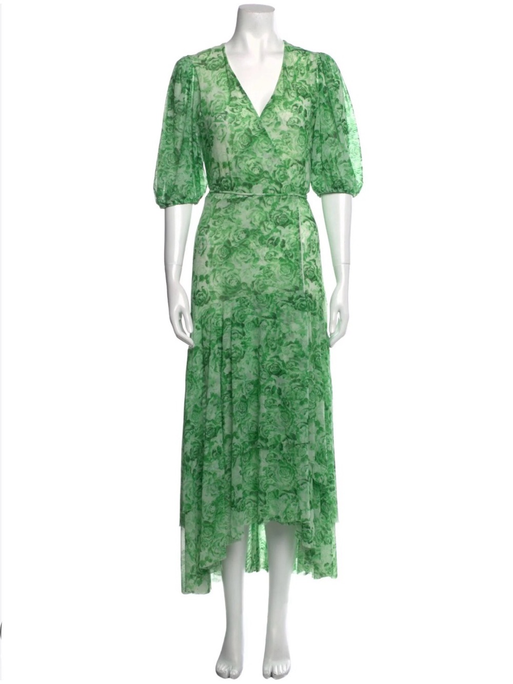 Ganni Green Floral Wrap High-Low Dress